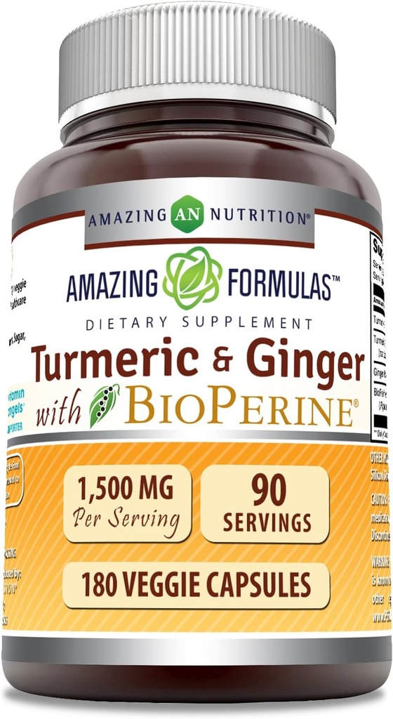 Amazing Formulas Turmeric Curcumin & Ginger with BioPerine Supplement | 1500 Mg Per Serving | 180 Veggie Capsules | Non-GMO | Gluten Free | Made in USA | Ideal for Vegetarians
