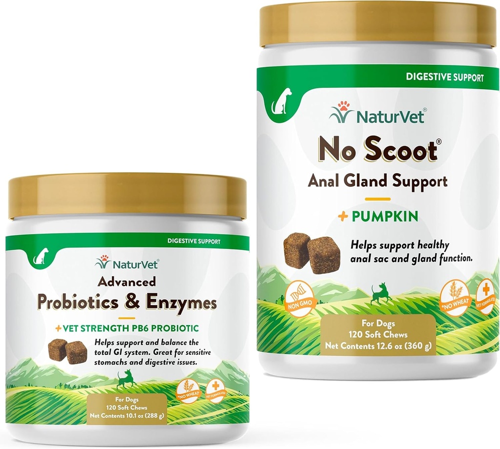 NaturVet Advanced Probiotics, Healthy Enzymes and PB6 Probiotic Supplement for Your Dogs Stomach, 120 Soft Chews & No Scoot for Dogs - 120 Soft Chews - Supports Healthy Anal Gland & Bowel Function