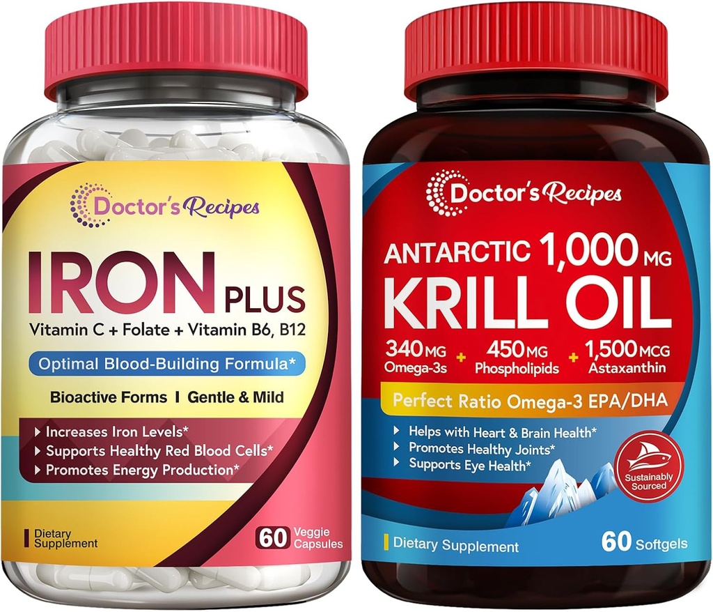 Doctor's Recipes Iron Bisglycinate & Krill Oil Bundle, Blood & Energy Support, Joint, Brain and Eye Health Support, No Gluten, Probiotics (60 Capsules) & Krill Oil (60 Softgels)