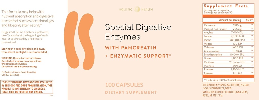 Holistic Health Special Digestive Enzymes 100 Capsules