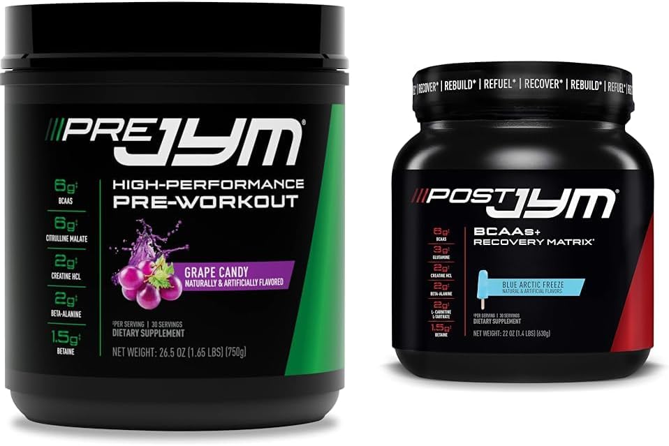 Pre JYM Grape Candy Pre Workout, Post JYM Active Matrix Post-Workout with BCAAs, Creatine HCI, Beta-Alanine | 30 Servings Each