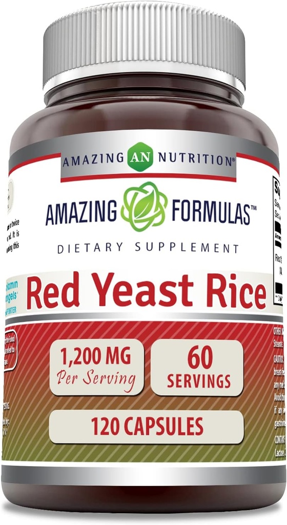 Amazing Formulas Red Yeast Rice 1200mg Per Serving Capsules Supplement | Non-GMO | Gluten Free | Made in USA (1 Pack, 120 Count)