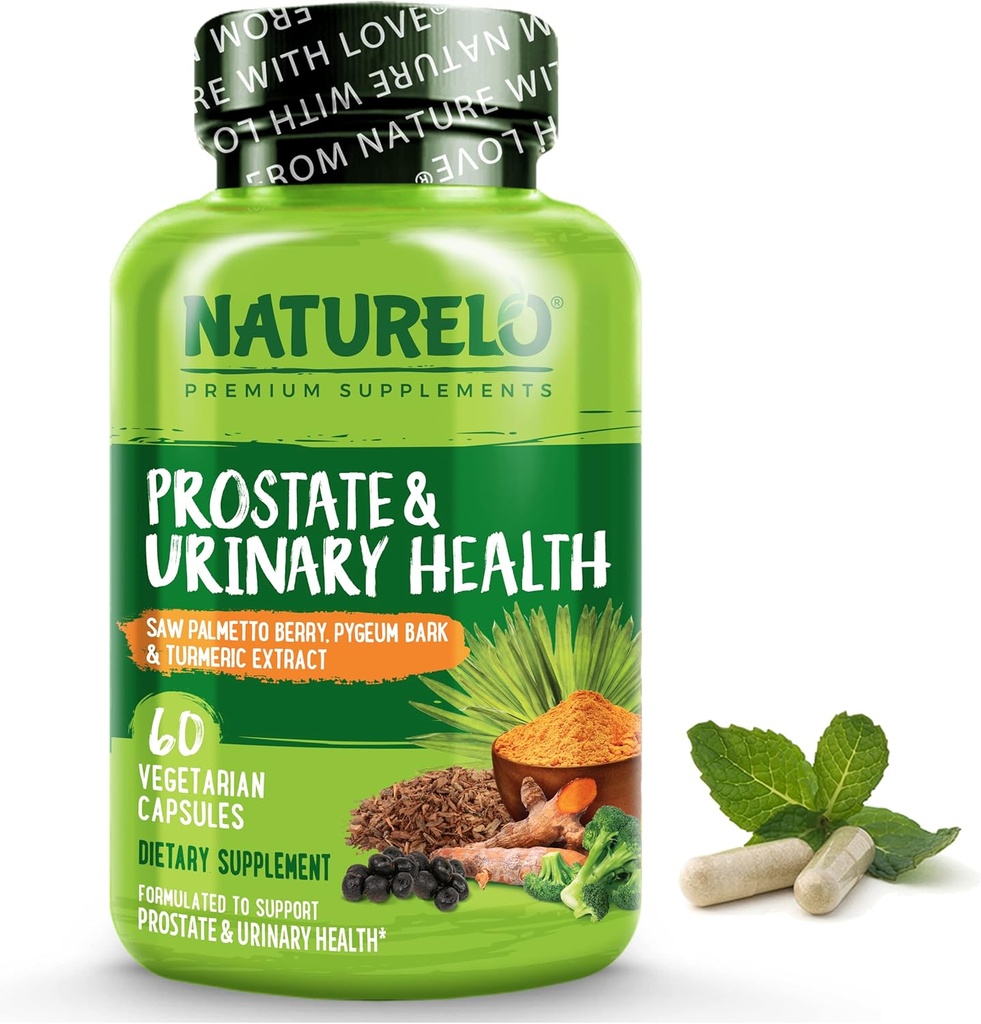 NATURELO Prostate & Urinary Health, Comprehensive Formula with Saw Palmetto, Pygeum, Tumeric, Plant Sterols, Broccoli and Lycopene, 60 Vegetarian Capsules
