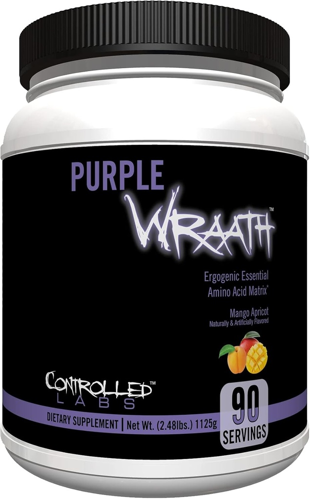 CONTROLLED LABS Purple Wraath, BCAA and EAA Amino Acid Supplement, with Endurance Blend Intra Workout Powder, Optimal Endurance, Focus, and Stamina (Mango Apricot, 90 Servings)