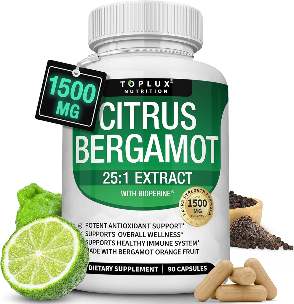 Citrus Bergamot Supplement 1500mg - 25:1 Bergamot Extract to Support Overall Health, Immune System, Potent Antioxidant High Absorption Natural Vegan Non-GMO for Men Women, 90 Capsules