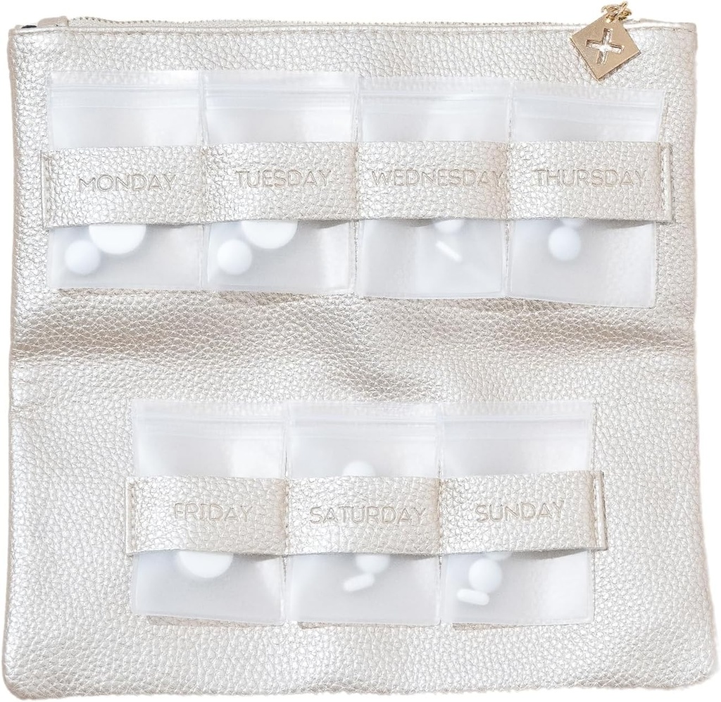 Dosey Gold Era 7-Day Pill Purse - Vegan Leather Daily Pill Organizer - Luxury Travel Pouch, Airtight Pill Pockets for Medicine Storage & Protection - Stylish Pill Sorter & Medication Organizer – Gold