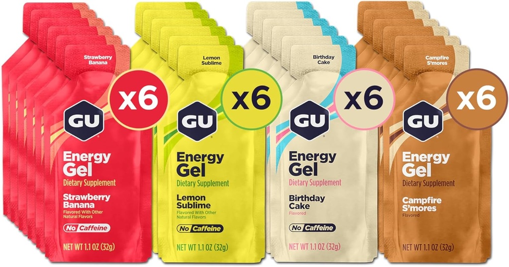 GU Energy Original Sports Nutrition Energy Gels, 24-Count, Vegan, Gluten-Free, Kosher, and Dairy-Free On-the-Go Energy for Any Workout, Assorted Caffeine-Free Flavors Variety Pack