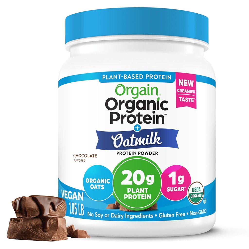 Orgain Organic Vegan Protein Powder + Oat Milk, Chocolate - 20g Plant Based Protein, Gluten Free, No Dairy, Soy or Lactose Ingredients, Low Sugar, Non-GMO, Kosher, For Shakes & Smoothies - 1.05lb