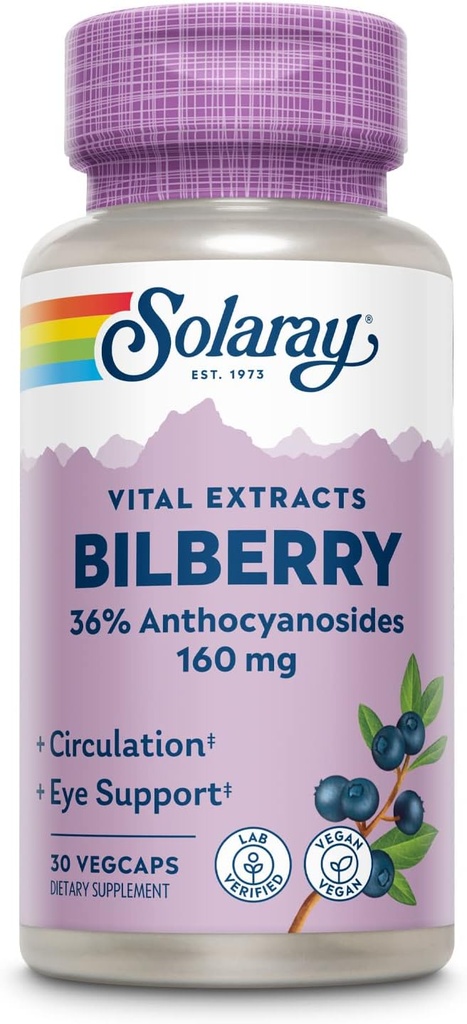 SOLARAY Bilberry Extract 160 mg, Eye Health & Circulation Support, 36% Anthocyanosides Plus Blueberry, Vegan, 30 VegCaps