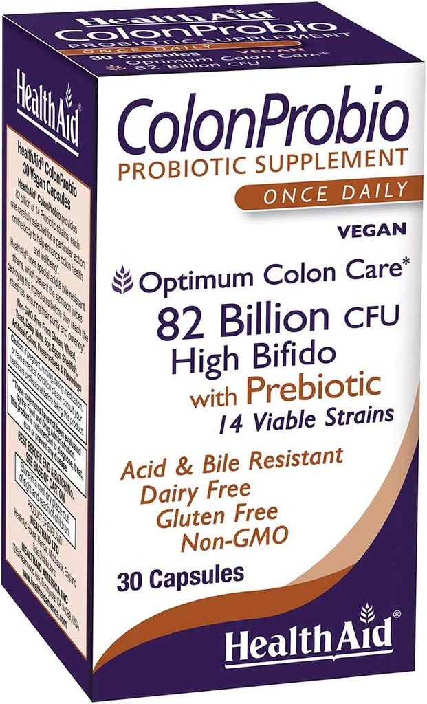 HealthAid ColonProbio 82 Billion with Prebiotic, 14 Strains, Once Daily, 30ct, Optimum Colon Care, Acid & Bile Resistant, Dairy Free, Gluten Free, Non-GMO
