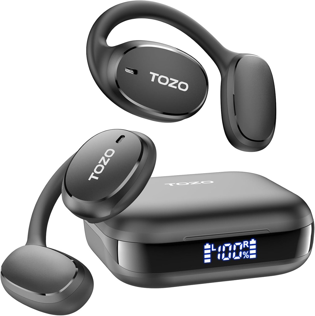 TOZO OpenEgo Open Ear Earbuds Bluetooth Headphones, 80Hrs Playtime Wireless Earbuds with Earhooks, Digital Display, 32 EQ Modes, Clear Call, Comfortable Wear, Sweat-Proof for Running Workout Black