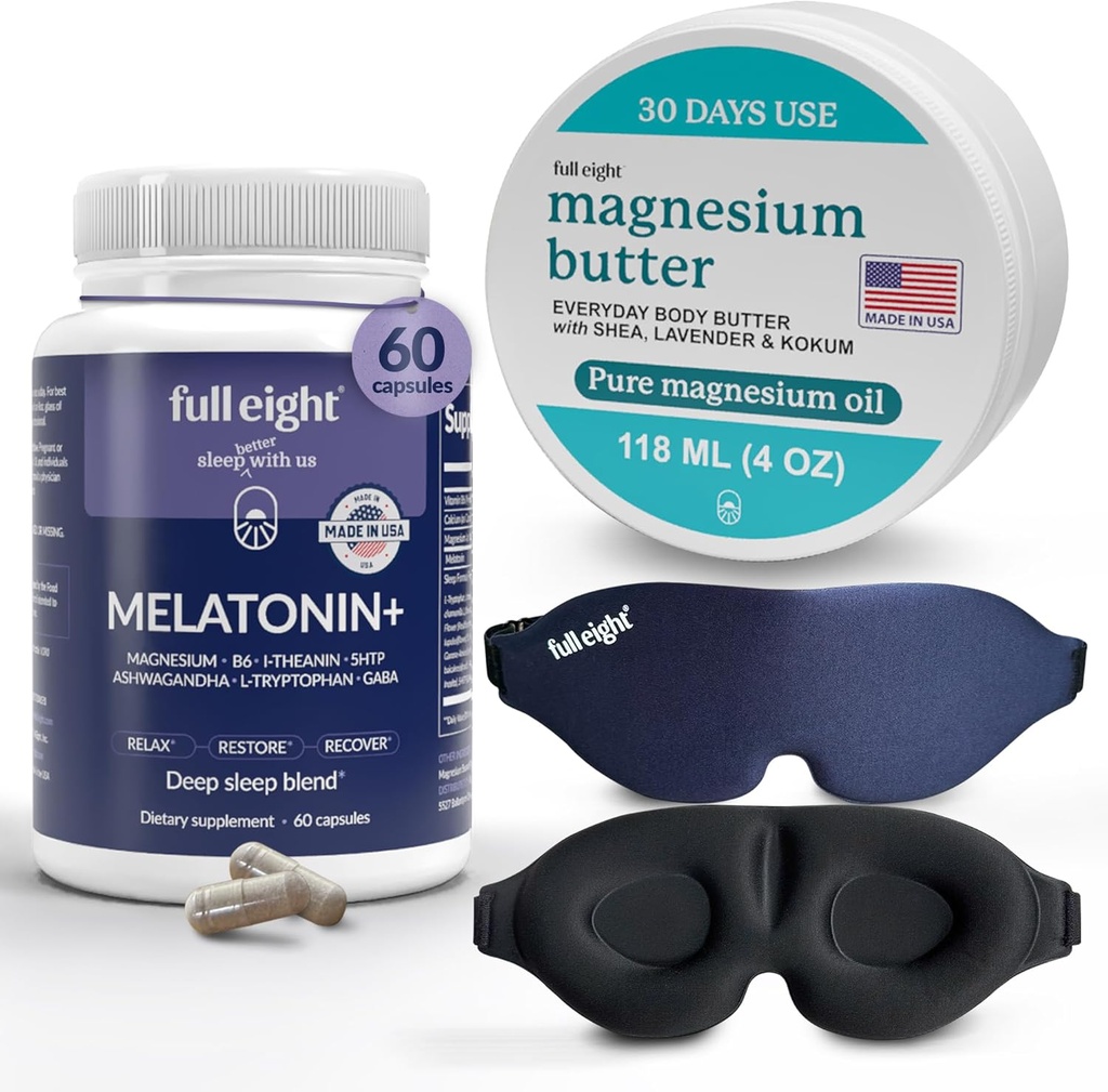 Sleep Bundle: 3D Light Blocking Sleep Mask, Melatonin+ Fast Dissolve Melatonin Supplements 60 Capsules, and Magnesium Body Butter for Tensed Legs & Tight Muscles, 4oz Cream