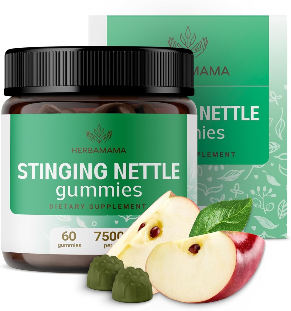 HERBAMAMA Stinging Nettle Gummies - 7500mg Stinging Nettle Root Extract for Urinary Tract Support for Women & Men - Vegan, Non-GMO Urtica Dioica Supplement - 60 Pectin-Based Apple-Flavored Chews