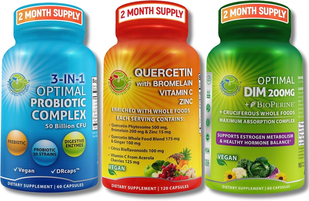 Vegan Hormonal, Immune & Gut Health Support Bundle – Quercetin 500mg with Bromelain, Zinc & Vitamin C + DIM 200mg with BioPerine® + 3-in-1 Probiotic 50 Billion CFU with Digestive Enzymes & Prebiotics