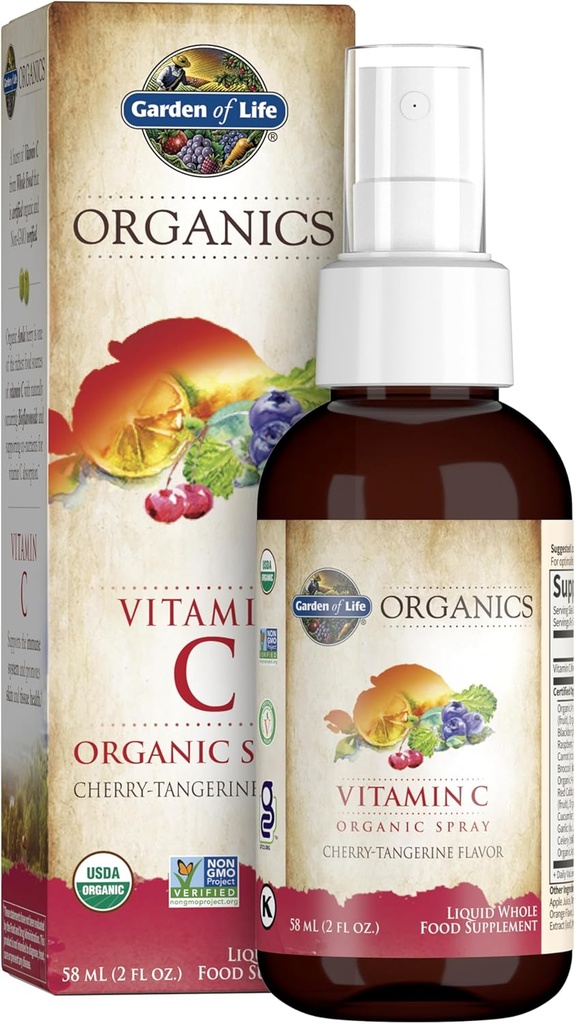 Garden of Life Organics Vitamin C Spray for Kids and Adults - Cherry Tangerine, Vitamin C Supplement, Antioxidant for Immune Support and Skin Health, 2 fl oz Liquid Drops