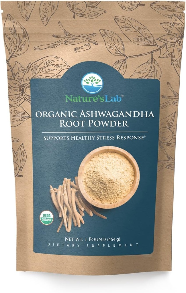 Nature's Lab Organic Ashwagandha Root Powder - 1lb Bag (227 Servings)