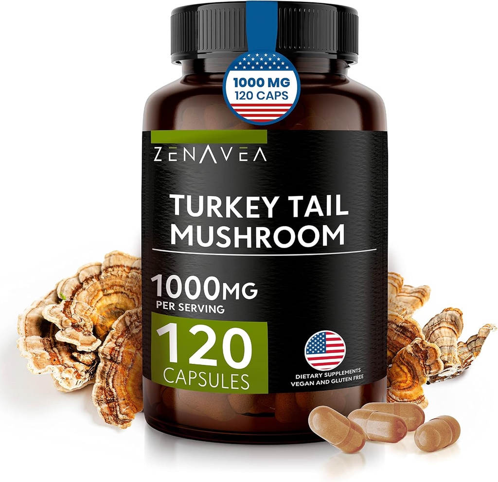 Turkey Tail Mushroom Capsules Immune System Support, Antioxydant and Digestive Properties - Mushrooms Supplement 1000mg - 120 Capsules - Equivalent to 15,000 mg of Organic Turkey Tail