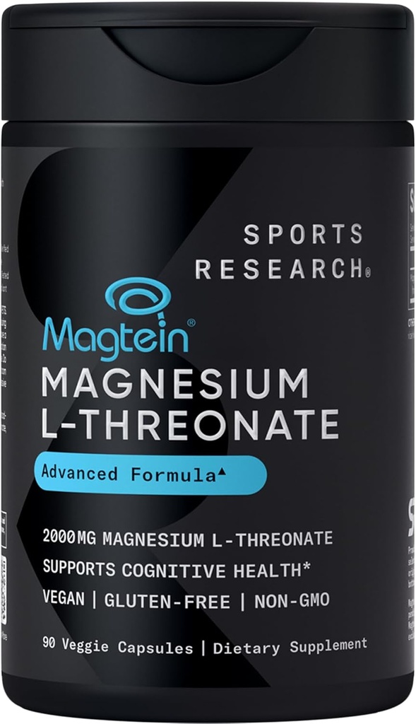 Sports Research Magtein Magnesium L-Threonate Capsules - Magnesium Supplement for Memory, Focus & Cognition - Magnesium L Threonate Supports Brain Health, Sleep & Mood - 2000mg, 90 Capsules for Adults