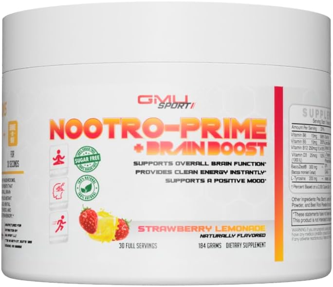 Nootro-Prime Brain Boost - Focus Brain Supplement - Mushroom Supplement Powder with Alpha GPC, Nootropic Brain Supplements for Memory and Focus with Lions Mane, 30 Servings, Strawberry Lemonade