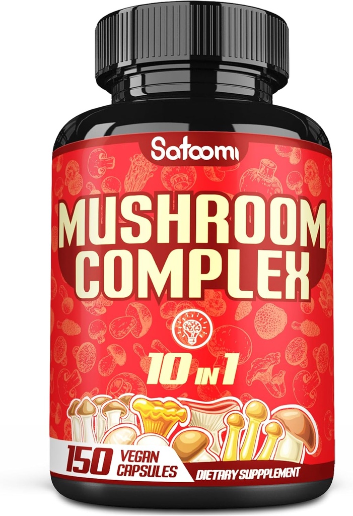 Satoomi 10in1 Mushroom Complex Supplements - 5 Month Supply - Blended with Lions Mane, Cordyceps, Reishi, Chaga, Maitake, Shitake & Others -Brain Support - 150 Capsules