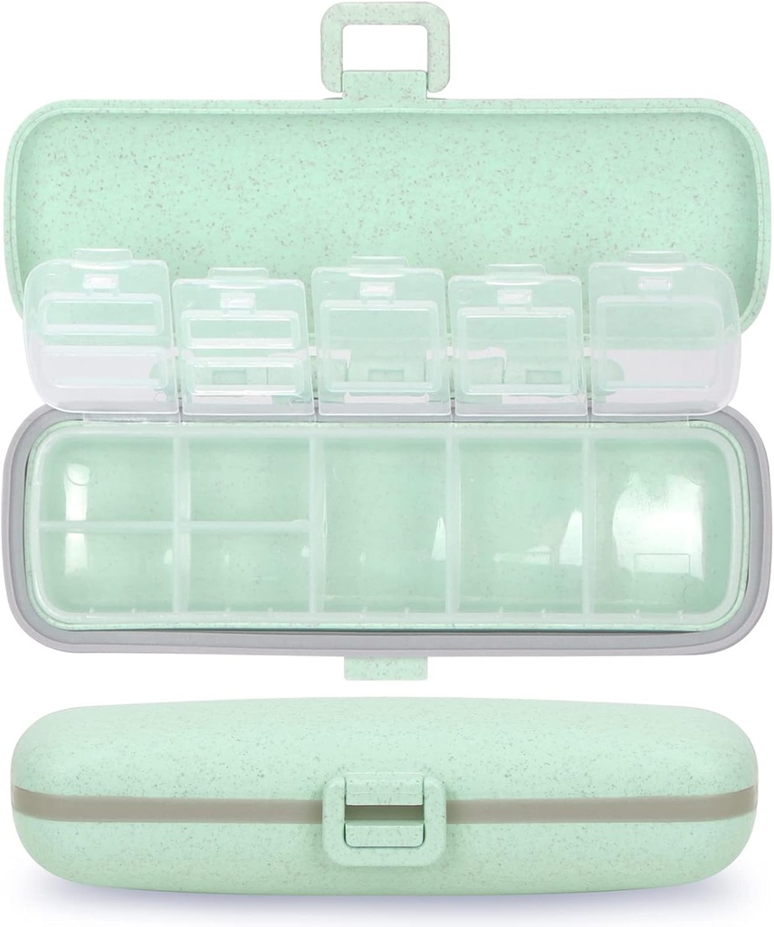Naturetouch Pill Organizer, 7 Compartments Pill Box Portable Travel Medicine Organizer for Purse or Pocket 7 Day Pill Dispenser Storage Case with Lock for Vitamin Medication Fish Oil Supplements Gree