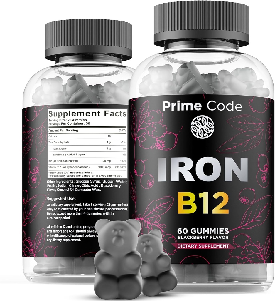 Vitamin B12 Gummies for Women & Men, 20mg Iron Supplement for Adults, Free Blood Builder for Anemia, Vitamin B12 Gummies with Iron & Natural Blackberry Flavor, Vegan, Non-GMO, 30 Day Supply