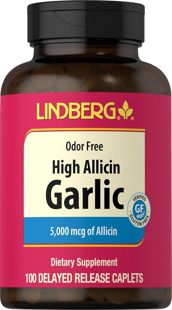 Lindberg Garlic Supplement Pills | 500mg | 100 Caplets | Odorless with High Allicin (5000mcg) | Allium Sativum Extract | Non-GMO, Gluten Free