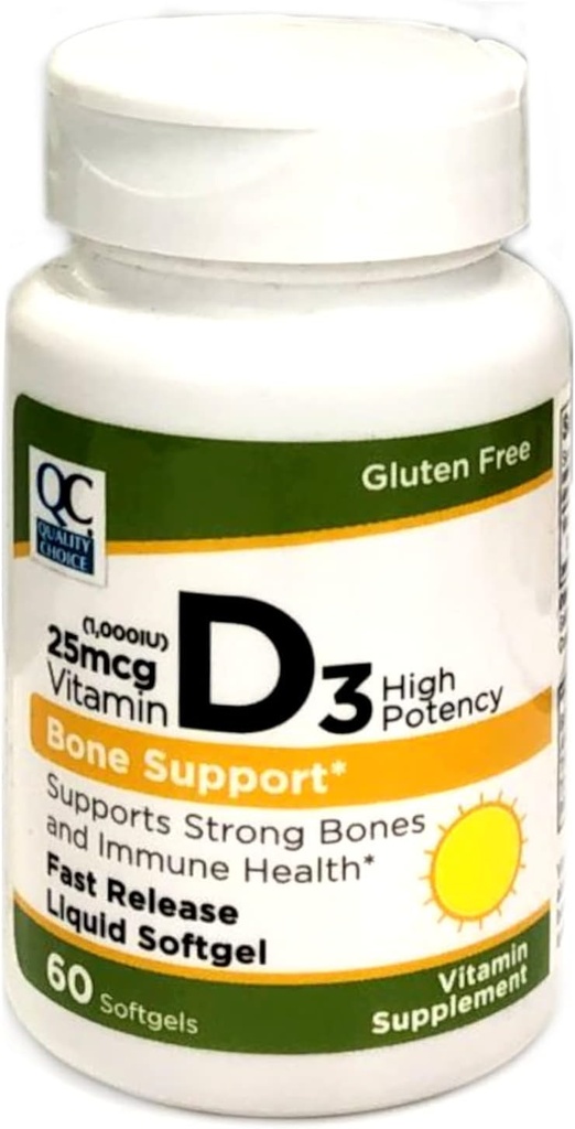Quality Choice High Potency Vitamin D3 Bone Support and Immune Health, Easy to Swollow Softgel Vitamin Supplement 60 Count Bottle