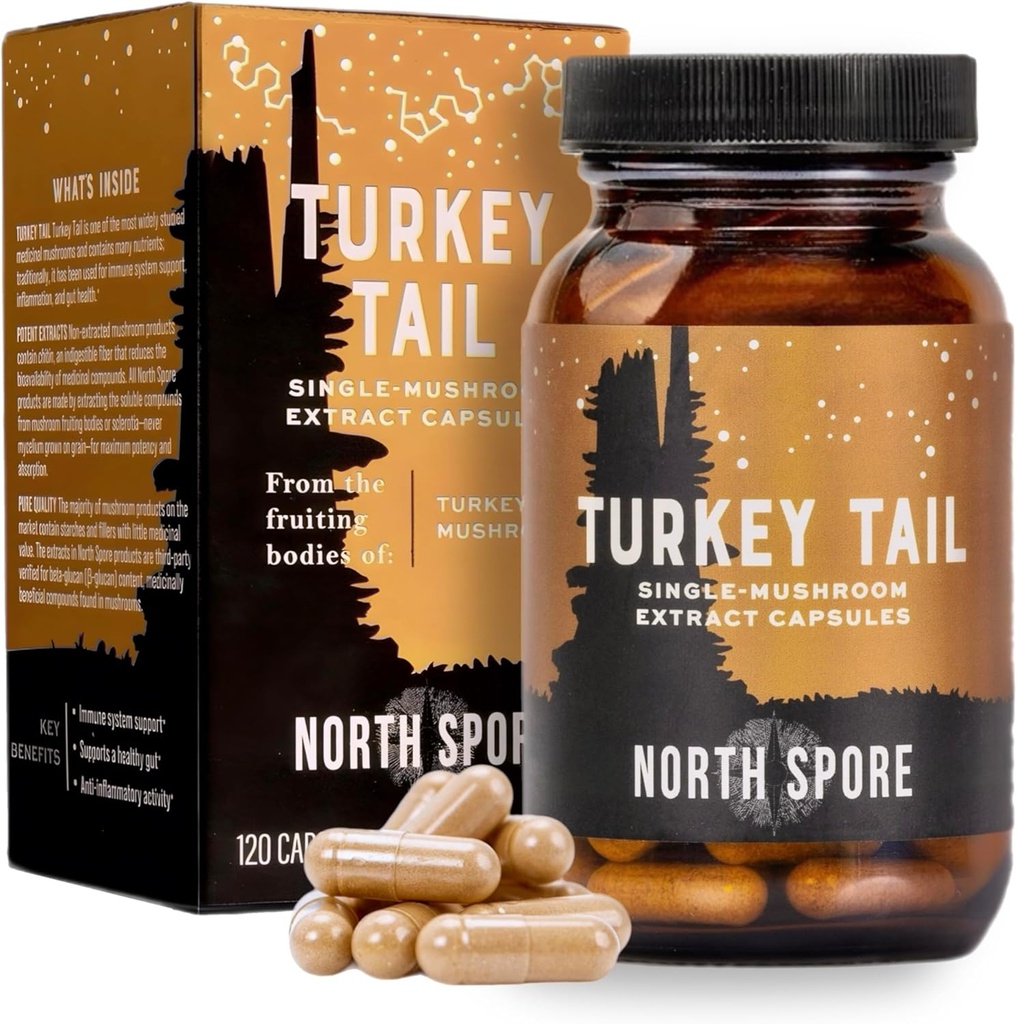 North Spore Organic Turkey Tail Extract Mushroom Supplement Capsules | Stamina & Endurance | 60 Day Supply | High Potency Blend | 100% Fruiting Body Extracts | Vegan, Non-GMO | 120ct