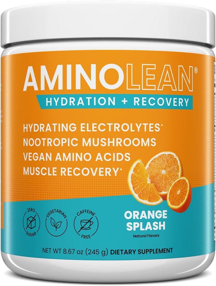 AminoLean Hydrating Electrolyte Powder and Recovery Drink with Sea Minerals, Nootropic Mushrooms, and Vegan Amino Acids, BCAAs + EAAs for Post Workout Muscle Building, Orange Splash