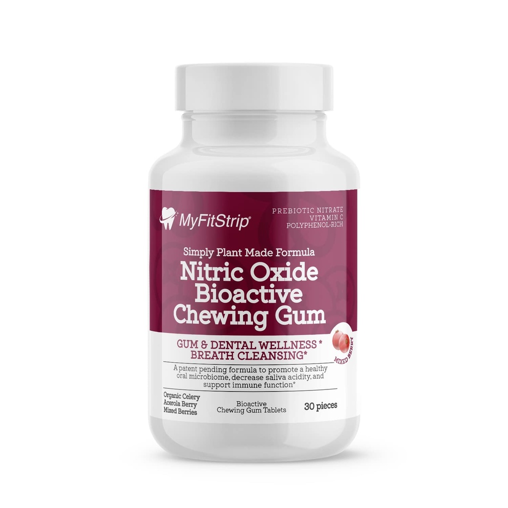 Plant-based Prebiotic Nitric Oxide Chewing Gum by MyFitStrip - Organic Prebiotic Nitrate Leafy Celery Greens, Acerola Berry, Polyphenol-rich Dark Berries, and Xylitol Formula - in 30 Bioactive Tablets