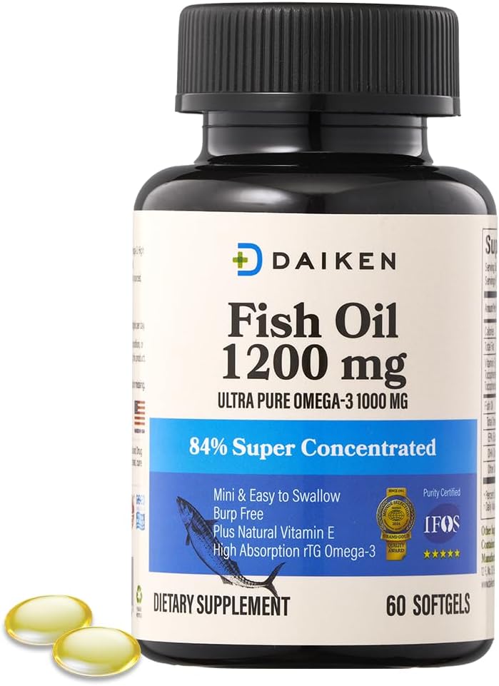 DAIKEN Mini Fish Oil 1200 mg, rTG Omega 3 1000mg, 60 Softgels, High Absorption & Burpless Fish Oil for Healthy Heart, Brain and Dry Eyes Support