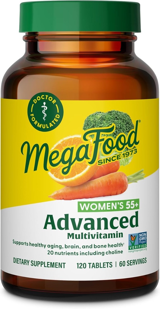 MegaFood Women's 55+ Advanced Multivitamin for Women - Doctor-Formulated with Choline, Vitamin D3, Vitamin B12, Biotin - Plus Real Food - Optimal Aging, Vegetarian - 120 Tabs (60 Servings)