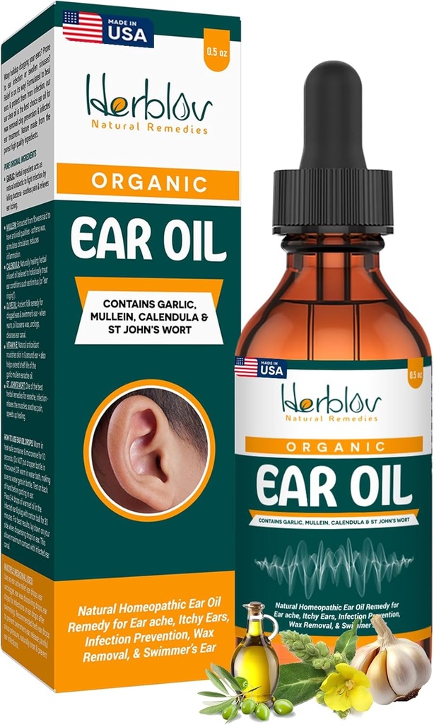 Organic Ear Oil for Ear Infections - Natural Eardrops for Infection Prevention, Swimmer's Ear & Wax Removal - Kids, Adults, Baby, Dog Earache Remedy - with Mullein, Garlic, Calendula, Made in USA