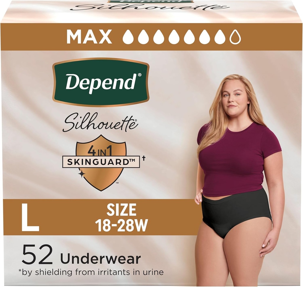 Depend Silhouette Adult Diapers, Incontinence & Postpartum Bladder Leak Underwear for Women, Maximum Absorbency, Large, Black, 52 Count (2 Packs of 26), Packaging May Vary