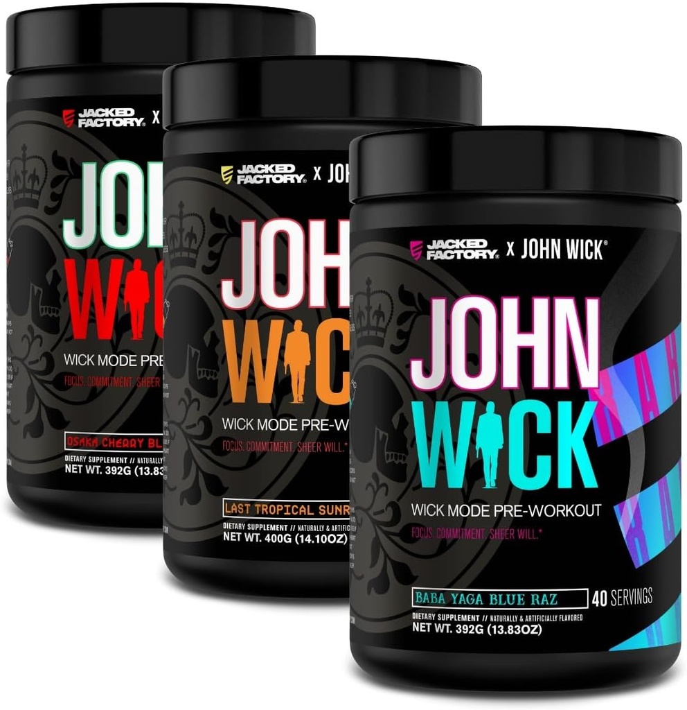 Jacked Factory X John Wick - Wick Mode Pre Workout Powder - Intense Energy, Battle-Ready Focus, Unstoppable Commitment, and Sheer Will - 120 Servings (3-Pack)