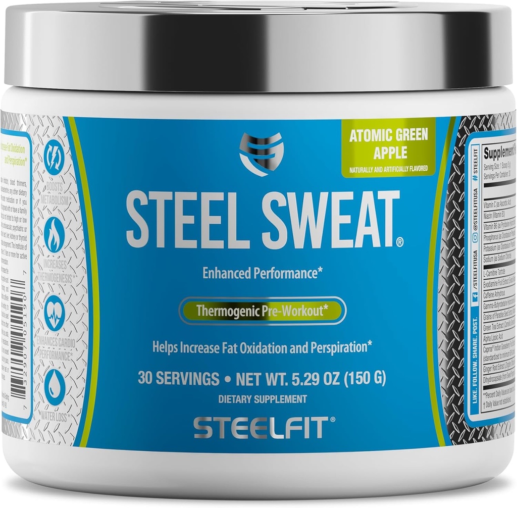 SteelFit Steel Sweat Fat-Burning Pre Workout | Boost Metabolism, Increase Energy, Burn Fat & Calories | Green Apple, 30 Servings