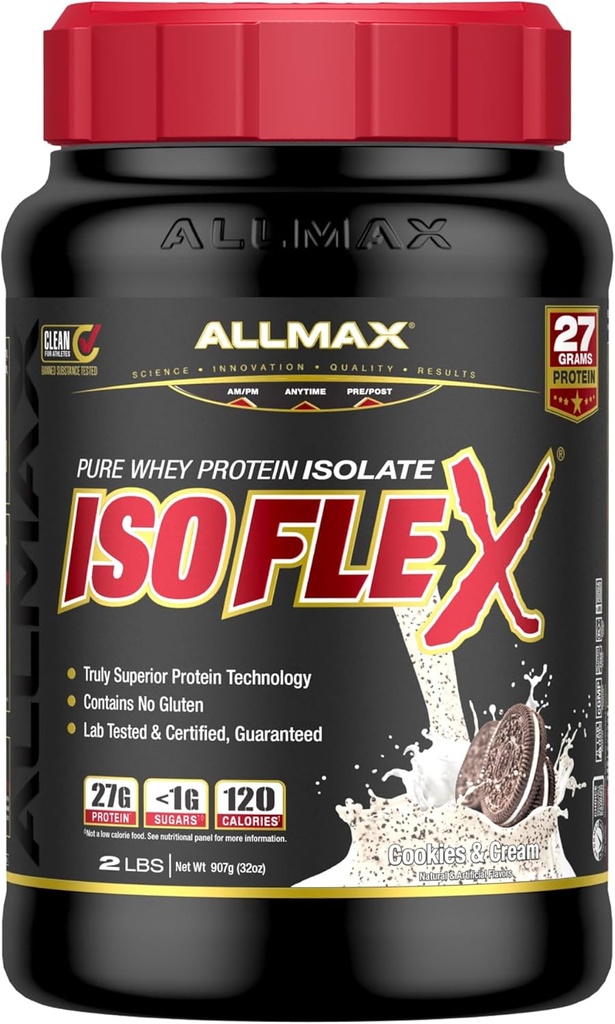 ALLMAX Nutrition ISOFLEX Whey Protein Isolate, Cookies & Cream - 2 lb - 27 Grams of Protein Per Scoop - Zero Fat & Sugar - 99% Lactose Free - Gluten Free & Soy Free - Approximate 30 Servings