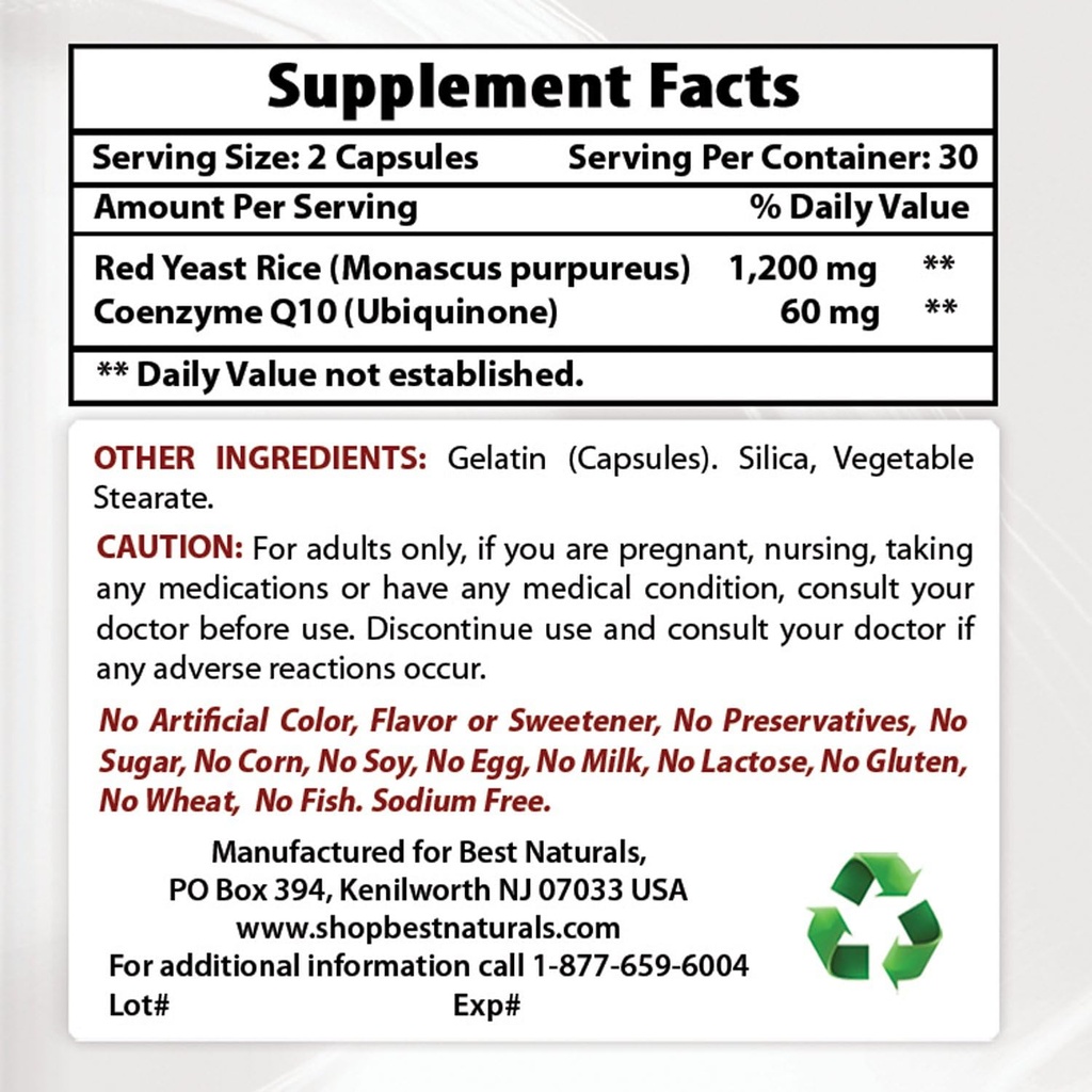 Red Yeast Rice with COQ10 & Turmeric Curcumin 1500mg/Serving with Bioperine