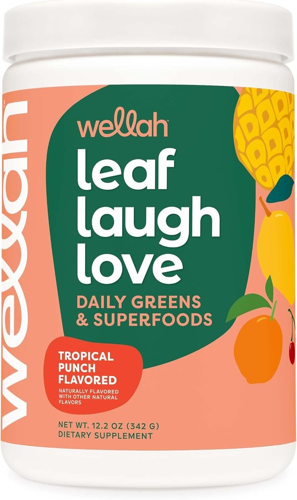 Wellah Leaf, Laugh, Love Super Greens Powder (Tropical Punch) 30 Servings - Superfood Supplement Drink Mix