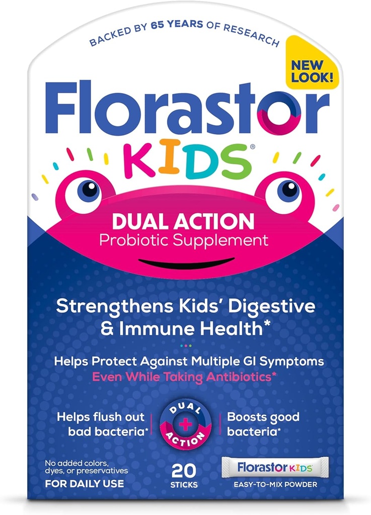 Florastor Kids Dual Action Probiotic Supplement, Strengthens Kids' Digestive & Immune Health, 20 Easy-to Mix Powder Sticks, Packaging May Vary