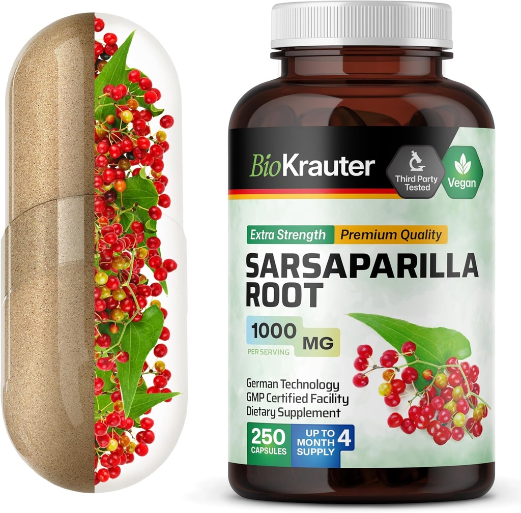 BIO KRAUTER Sarsaparilla Root Capsules - 1000 mg Strength - 250 Vegan Sarsaparilla Extract Caps - No Fillers