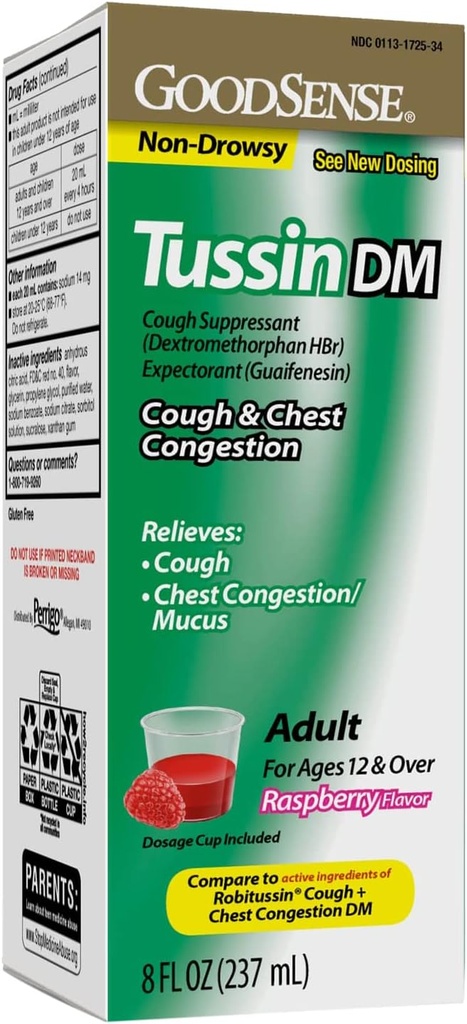 GoodSense Tussin Cough Syrup DM, Raspberry Flavor, Effective Relief for Cough and Chest Congestion, Thins Mucus, 8 Fl Oz