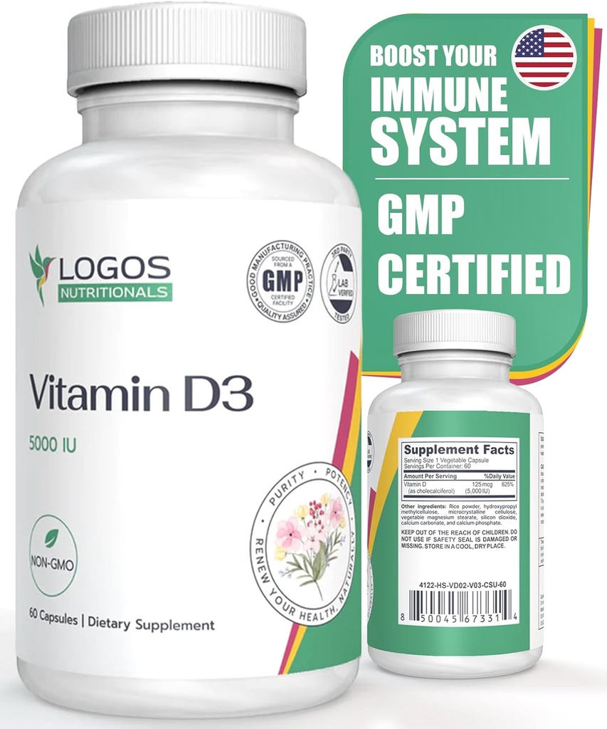 Vitamin D3 Supplement - Vitamin D-5000 IU - Support Healthy Bones, Teeth, Muscles, Cardiovascular, and Immune Function - Dairy-Free, Soy-Free - 60 Capsules