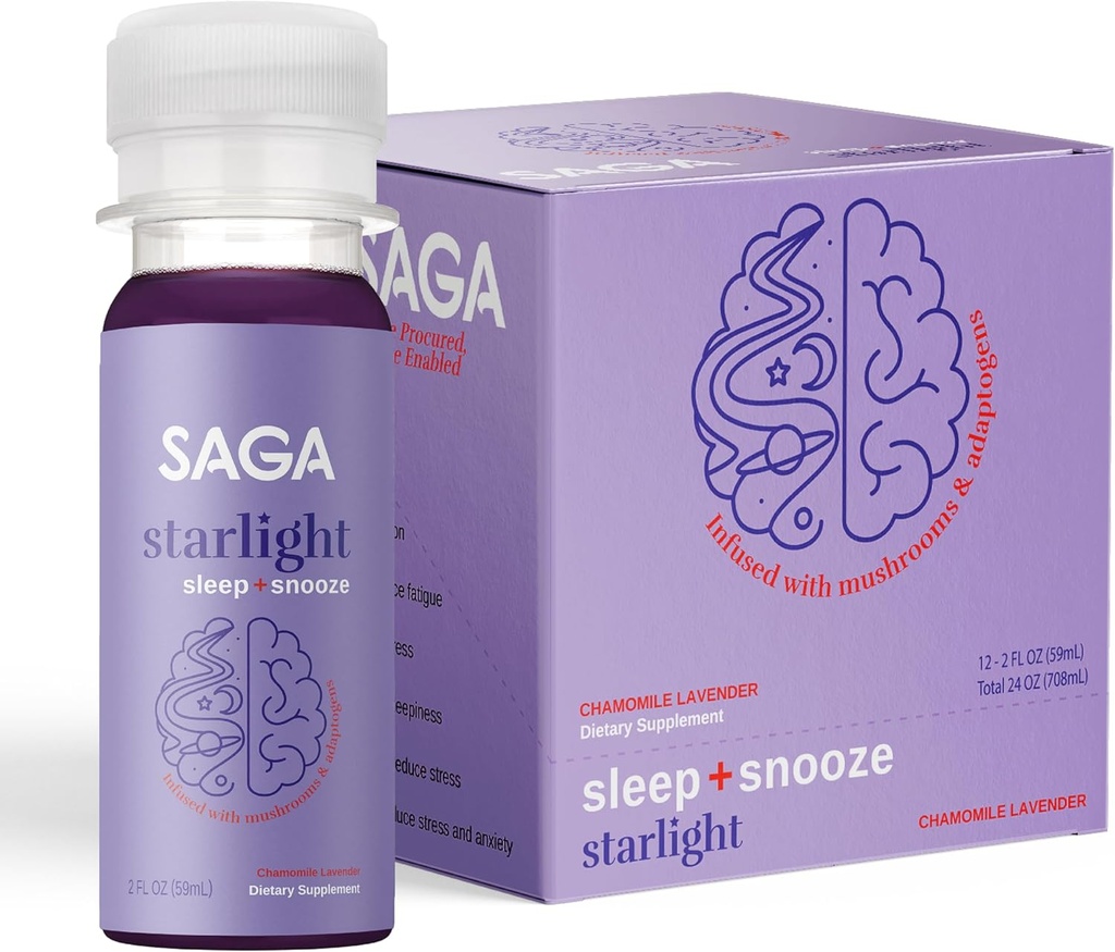 SAGA Starlight Organic Sleep Shots – Natural Sleep Aid with Melatonin, Reishi, Valerian Root, Ashwagandha, Chamomile – Sugar-Free, Vegan, Zero Calories, Plant-Based Sleep Support, Travel Size (2 Oz)