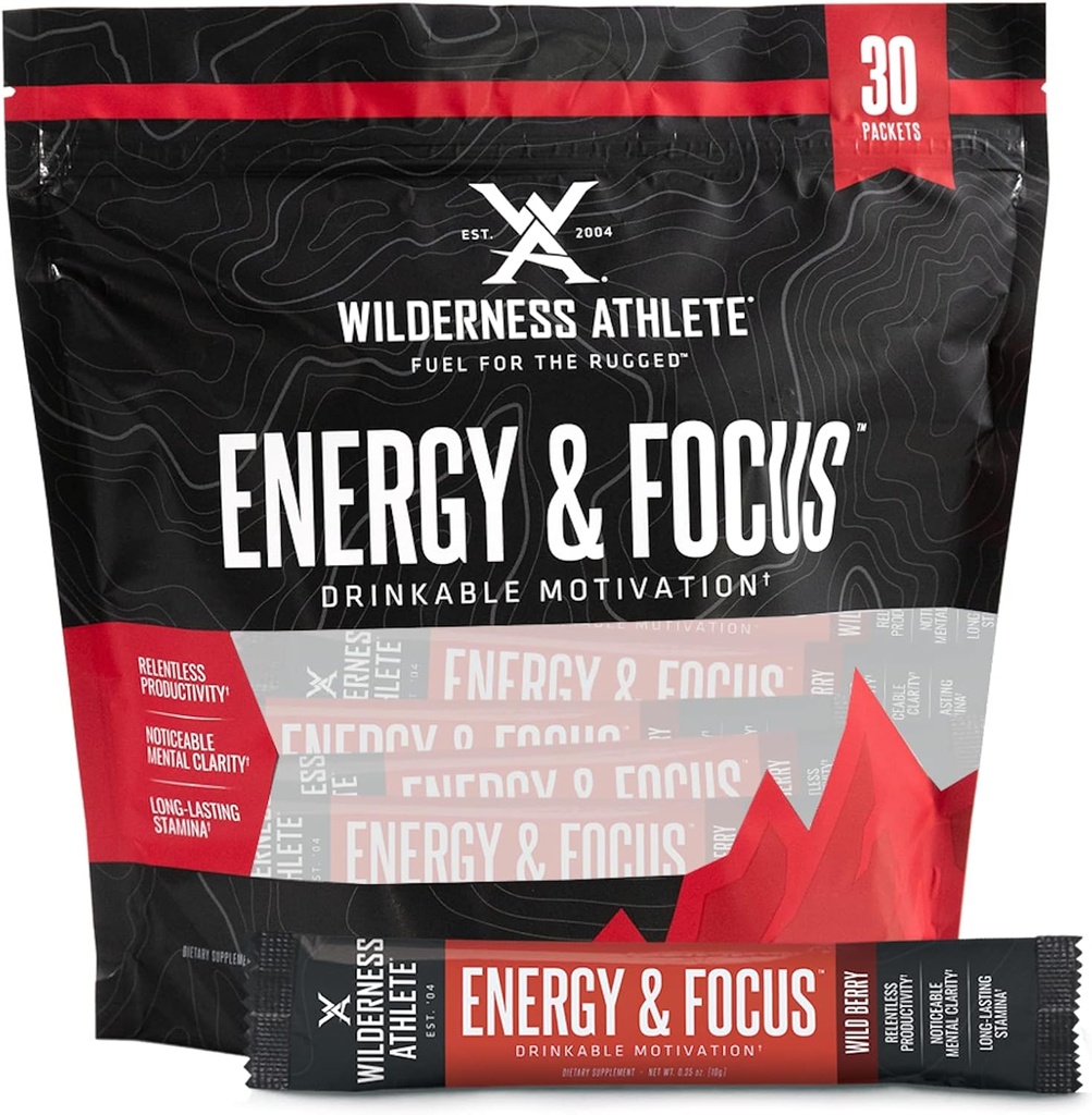 Wilderness Athlete - Energy & Focus | Energy Booster for Women & Men - Energy Drink Mix with Natural Caffeine - Low-Carb, Zero Sugar Energy Drink Powder - 30 Serving Energy Drink Packets (Wild Berry)