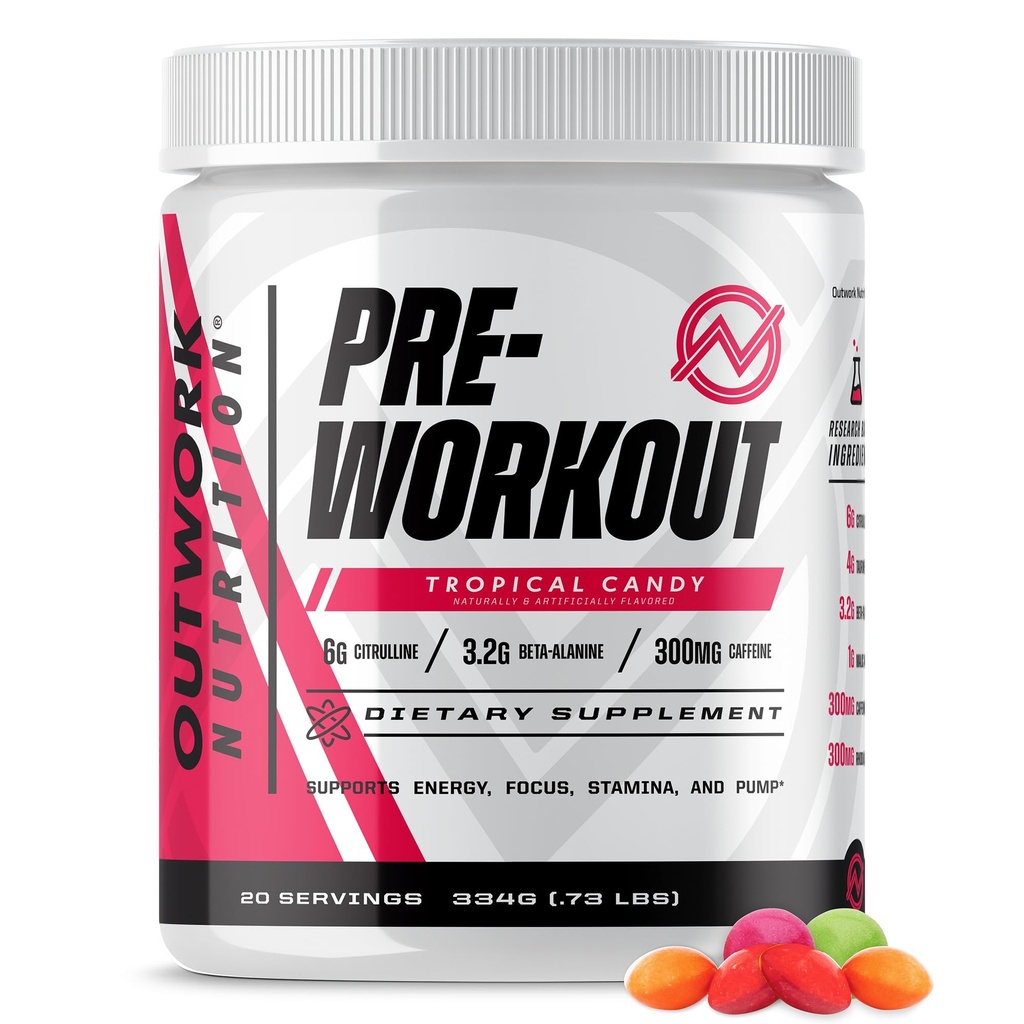 Outwork Nutrition Preworkout for Men & Women - Nootropic Pre Workout Without Creatine, Pre-Workout Powder with Taurine Rhodiola Citrulline Malate Beta Alanine Caffeine (Tropical Candy)