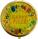 Retro Cute Pill Case Vintage Metal Pill Organizer Portable Compact Pill Box for Purse/Pocket to Hold Vitamins/Tylenol/Supplements/Fish Oil/Meds/Tablet(Happy Pills with Mirror,Round)