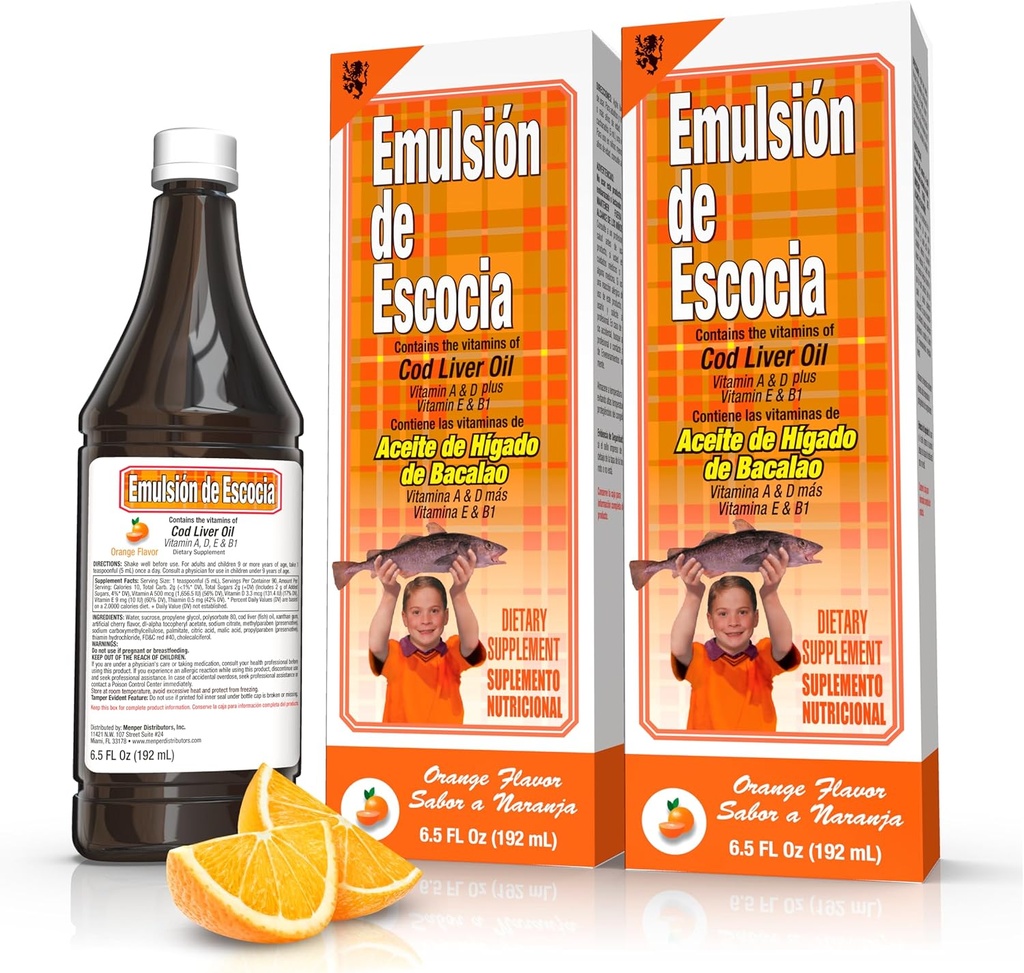 Emulsión de Escocia Cod Liver Oil Complex with Vitamins A, D, E, B1 - Natural Orange Flavor Dietary Supplement for Immune Support & Bone Health - Essential Omega 3 Fish Oil - 6.5 oz (2-Pack)