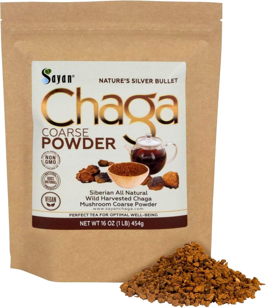 Sayan Siberian Pure Raw Coarse Chaga Powder 1lb / 454g – Premium Wild Forest Harvested Super Antioxidant Tea – Supports Immune System and Digestive Health – Focus, Energy, Clarity, Wellness - Non-GMO